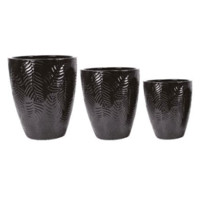 Modern Garden Glazed Tall Round Leaf Patterned Pot-Black