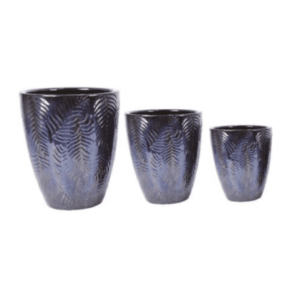 Modern Garden Glazed Tall Round Leaf Patterned Pot-Metallic Blue